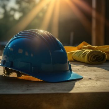 A blue safety helmet or hardhat for the construction worker whic